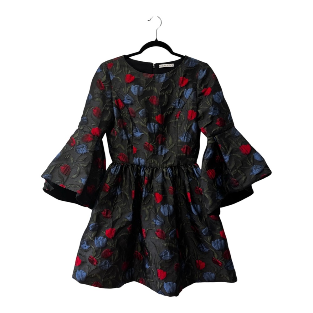 Alice + Olivia Black Floral Jacquard Babydoll Dress with Red & Blue Tulips - Picture 4 of 12